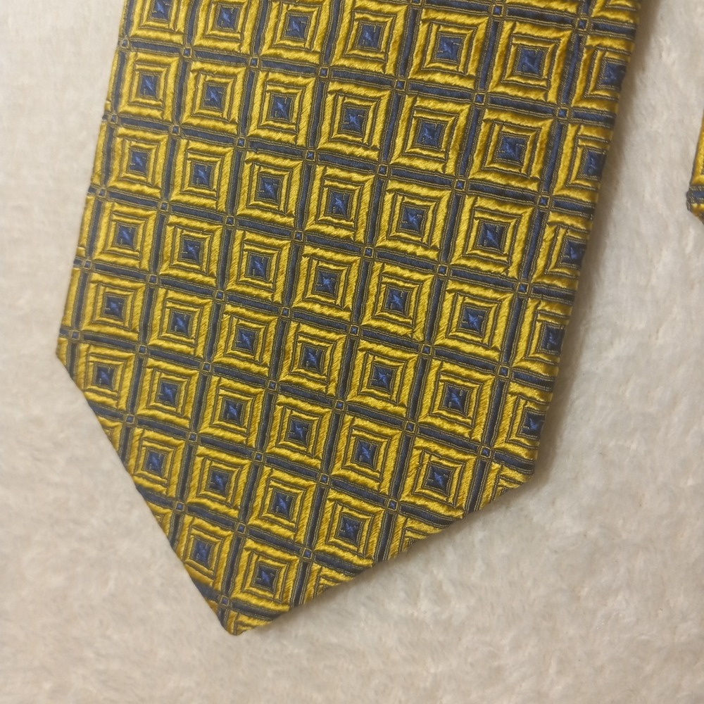 Bachrach Geometric Silk Tie Mens Gold Blue Retro Square Pattern Made in Italy